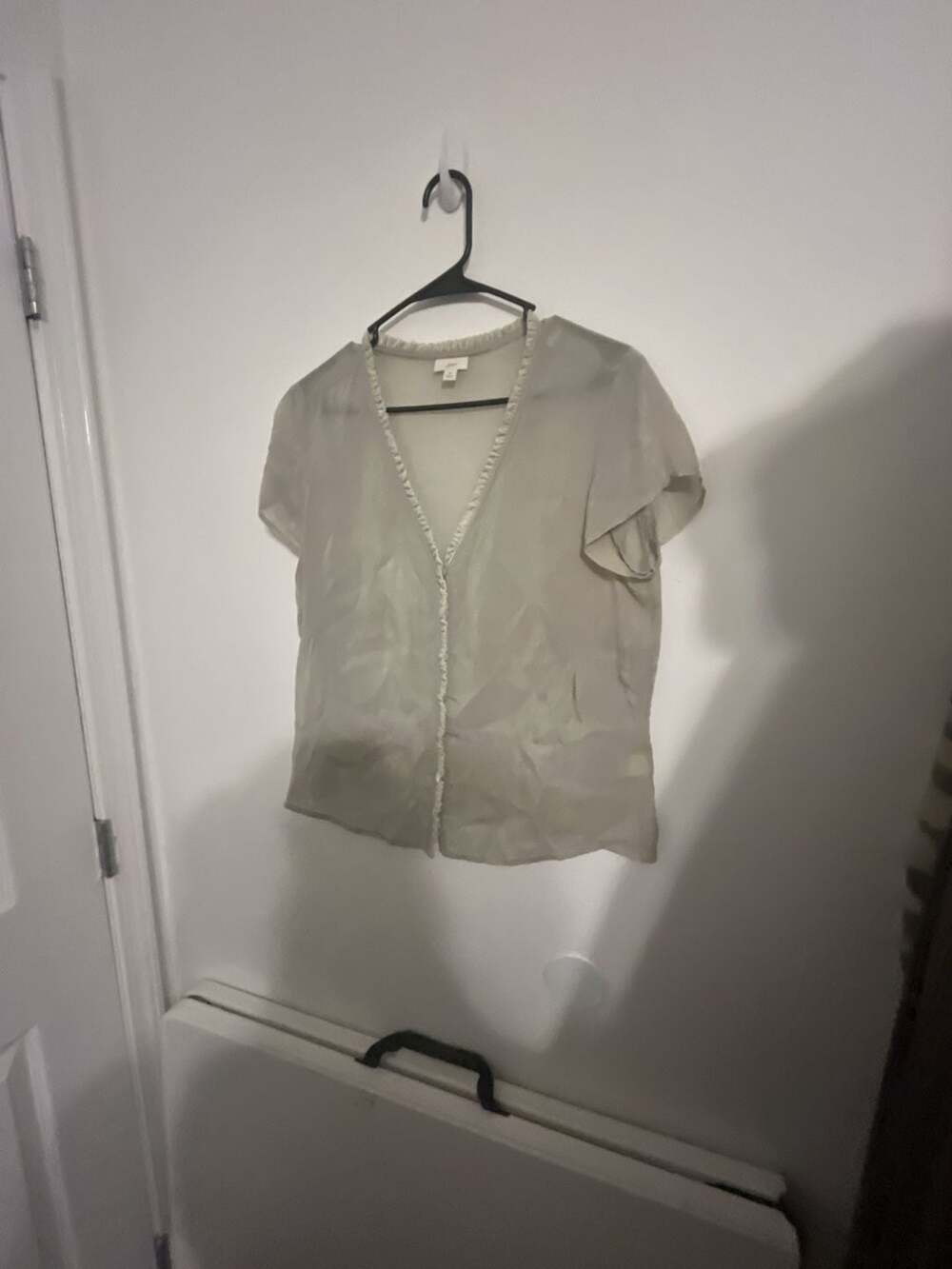 J.Jill Gray Silk-Blend Ruffle Trim V-Neck Blouse